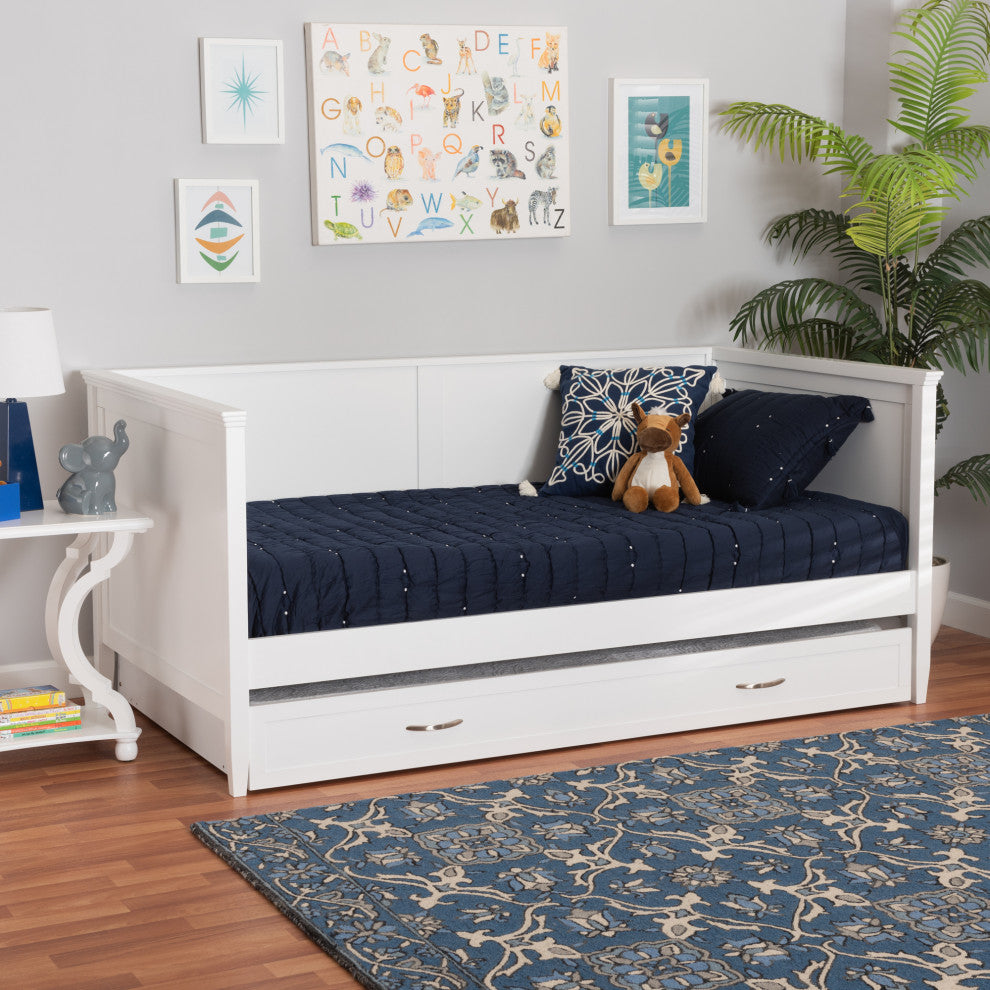 Viva Classic White Finished Wood Twin Size Daybed with Roll-Out Trundle