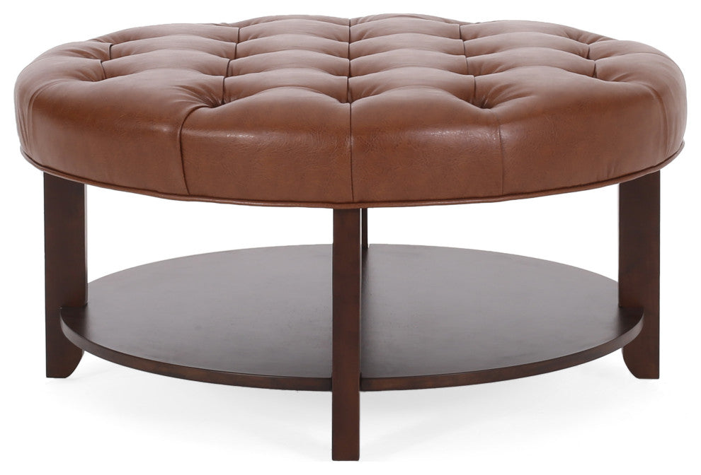Baynes Faux Leather Tufted Wood Round Ottoman, Open Shelf, Cognac + Espresso