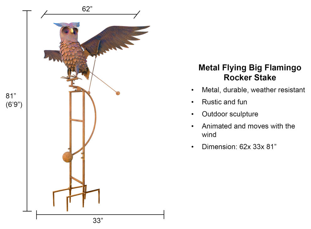 Metal Flying Big Owl Rustic Rocker Garden Stake Outdoor Yard Sculpture
