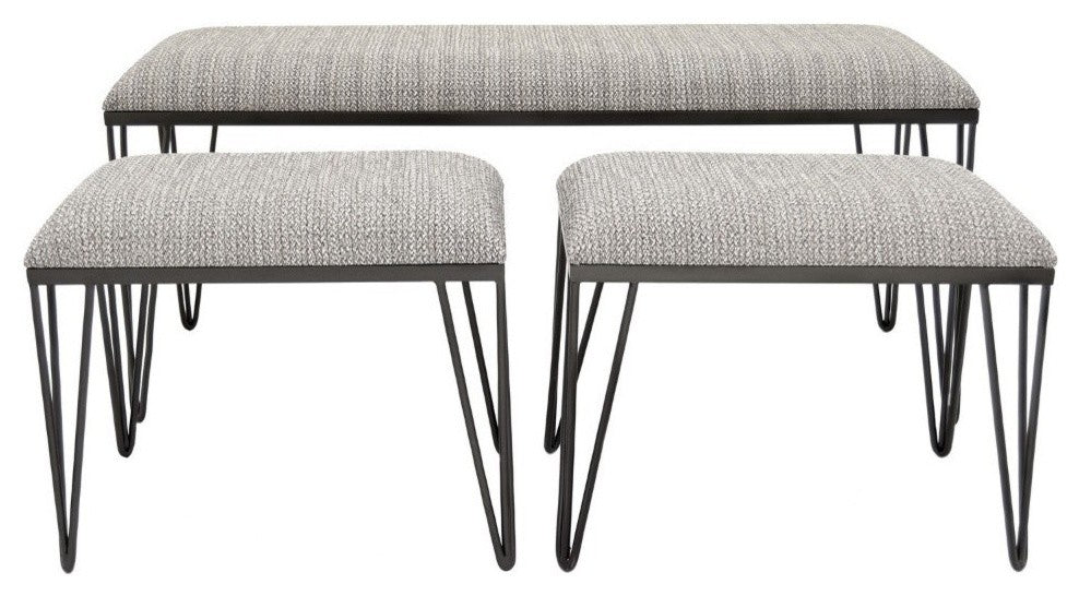Metal Bench With Upholstered Seats, Set of 3, Gray