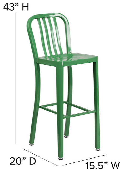 Commercial Grade 30"High Green Metal Indoor-Outdoor Barstool, Vertical Slat Back