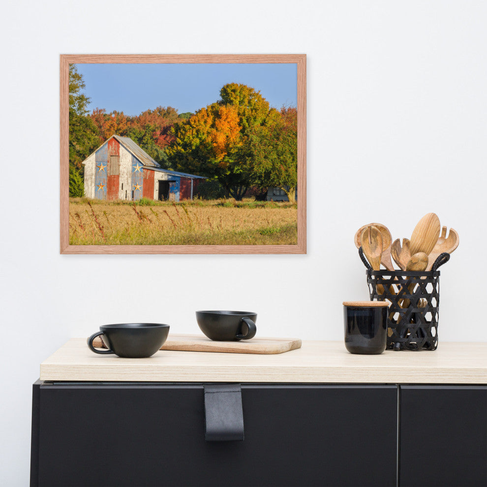 Patriotic Barn in Field Rural Landscape Framed Photo Paper Wall Art Prints, Red Oak, 16" X 20"