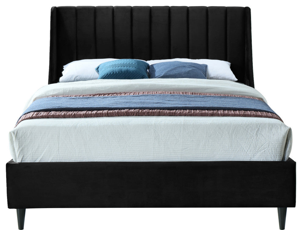 Eva Velvet Upholstered Bed, Black, Queen