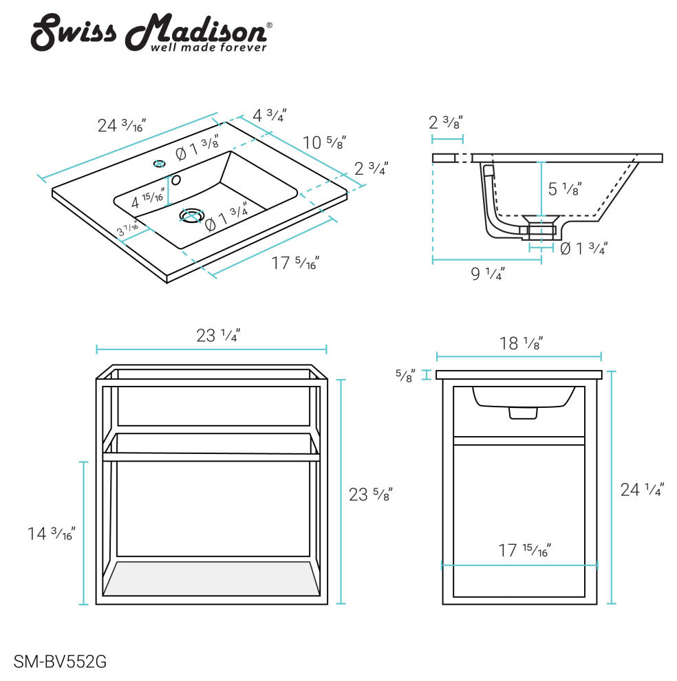 Pierre 24 Single, Metal Frame, Open Shelf, Bathroom Vanity, Gold