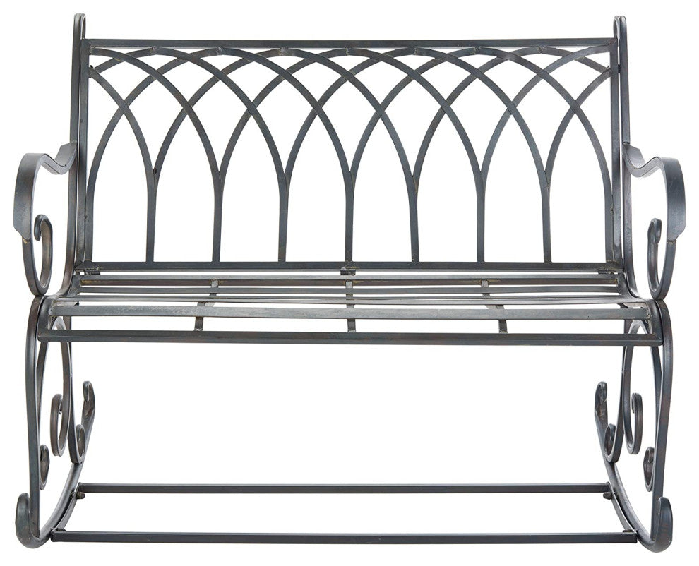 Outdoor Rocking Bench, Metal Construction and Scrollwork in Black Rust Finish