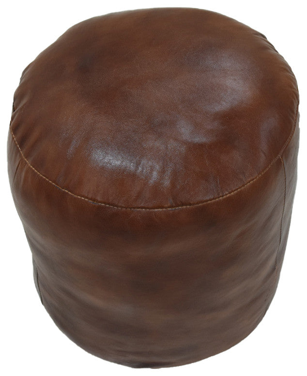 Pouf-Solid Handmade Leather Pouf (Recycled Foam with Fiber Fill), Brown, (Round]16x16x16