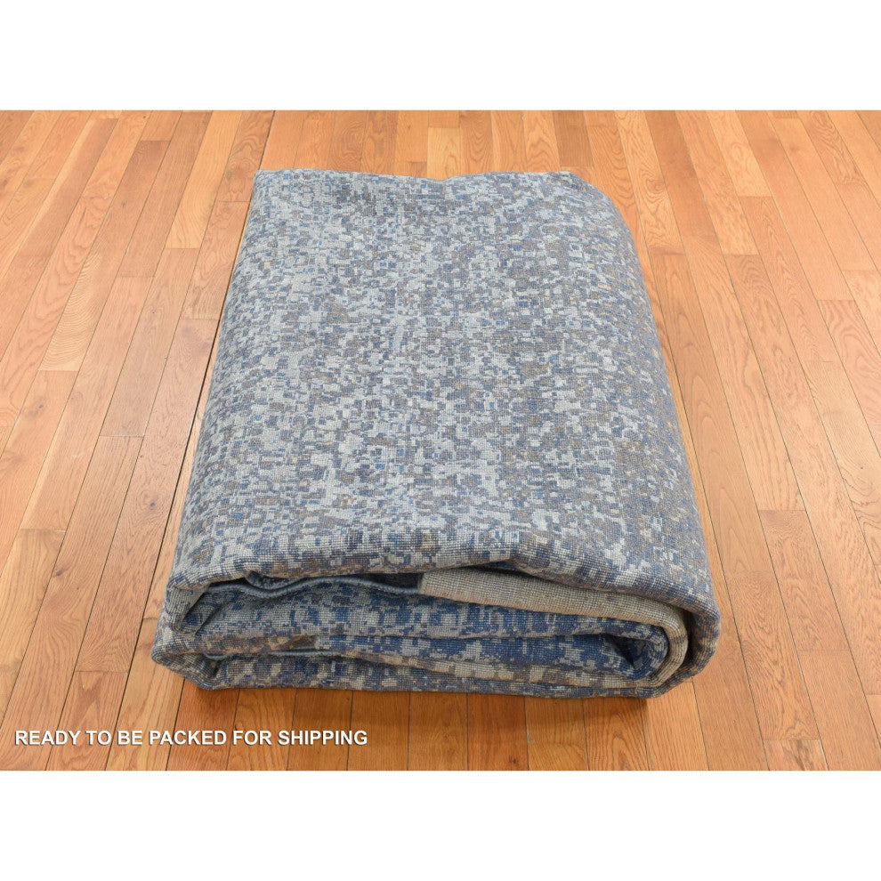 Yale Blue Wool and Silk Modern Gradation Design Hand Knotted Rug 10'x14'