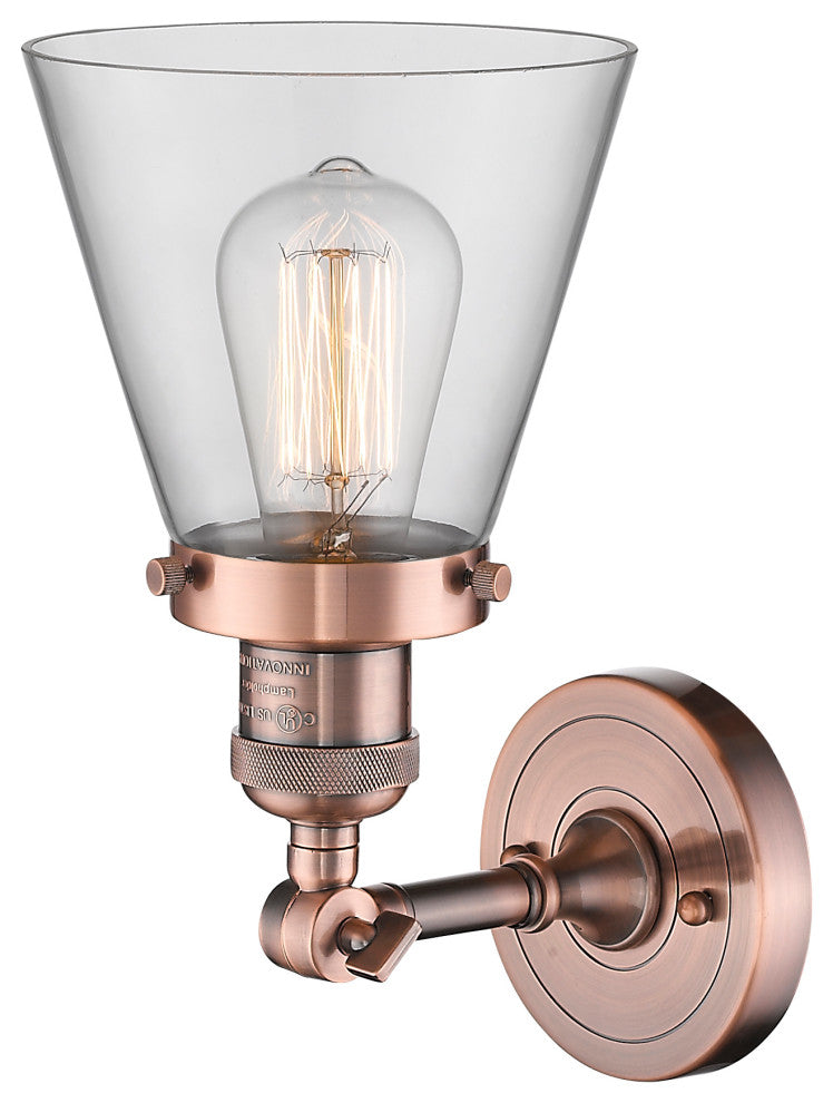 Small Cone 1-Light Sconce, Clear Glass, Antique Copper