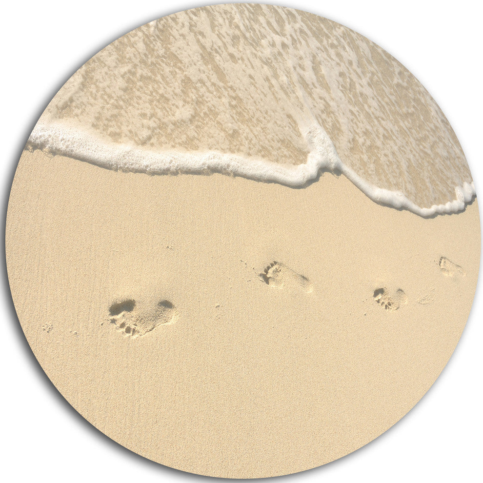 Footprints In Sand On The Beach, Modern Seascape Round Wall Art, 11"