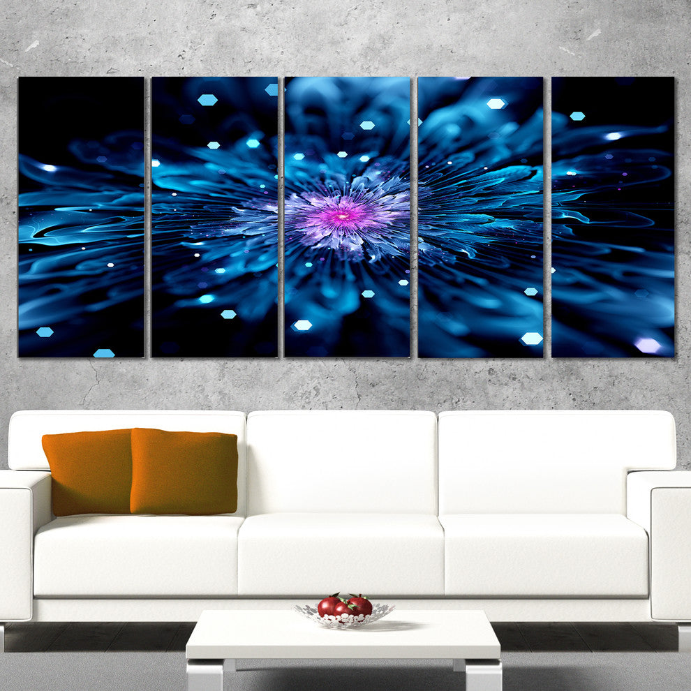 Blue Fractal Flower with Shiny Particles, Flower Canvas Art, 60"x28", 5 Panels