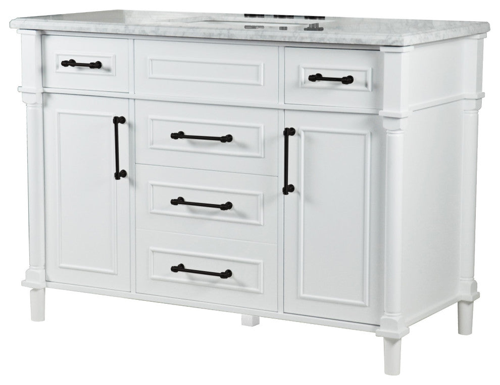 48" Single Vanity, White With White Carrara Marble Top