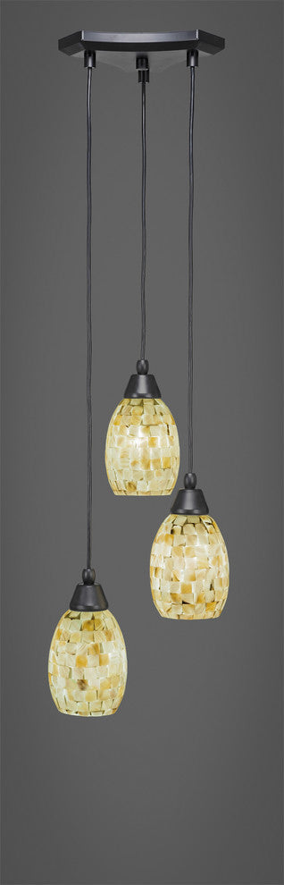 Europa 3-Light Cluster Pendalier, Matte Black/Ivory Glaze Seashell