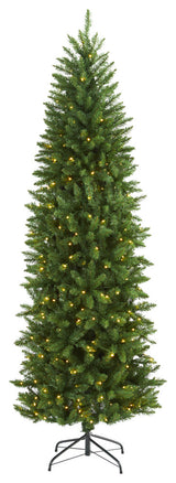 7' Slim Green Mountain Pine Artificial Christmas Tree With 300 Clear LED Lights