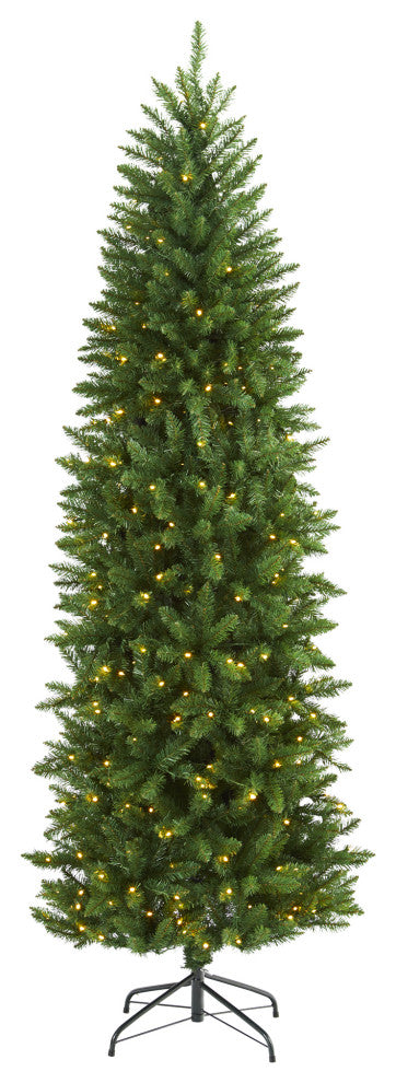 7' Slim Green Mountain Pine Artificial Christmas Tree With 300 Clear LED Lights