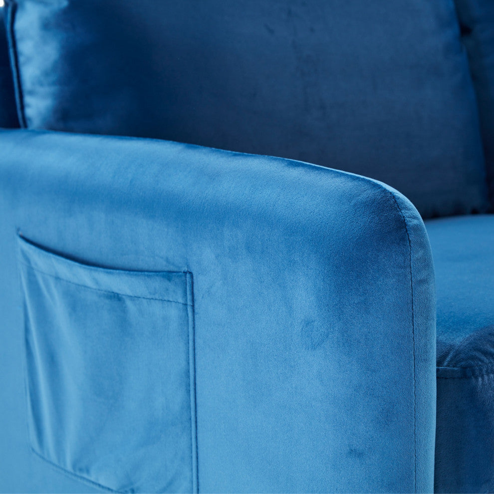 Blue Contemporary Velvet Sofa With Side Pockets