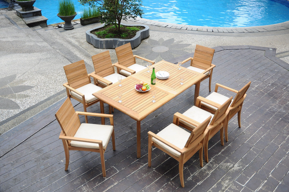 9-Piece Outdoor Teak Dining Set: 94" Rectangle Table, 8 Alps Stacking Arm Chairs