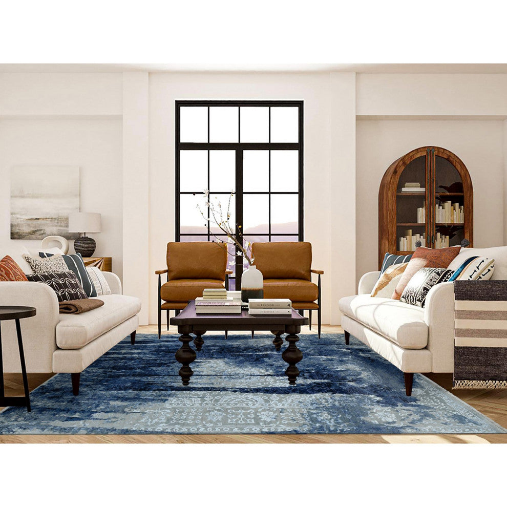 Gray Wool and Silk Transitional Design Hand Knotted Oriental Rug, 8'x9'9"