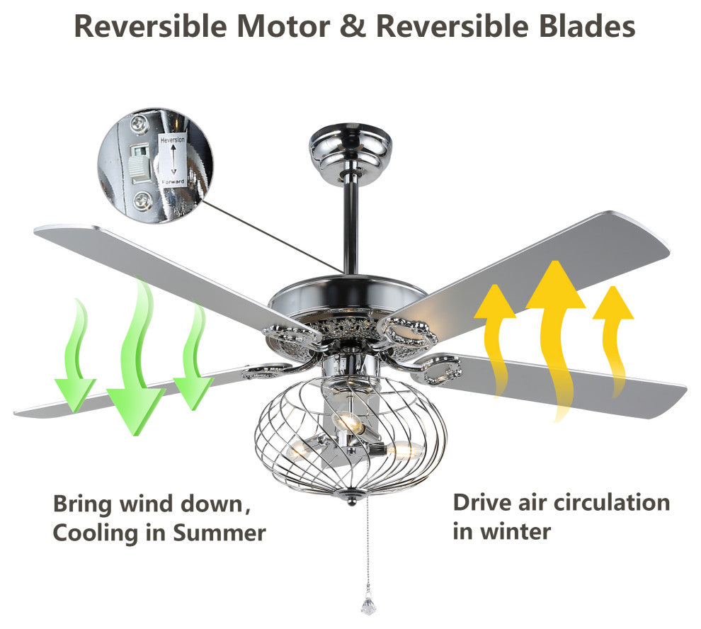 Chrome Modern Industrial Ceiling Fan with Remote Control, 3-Speed Reversible, 42 in.