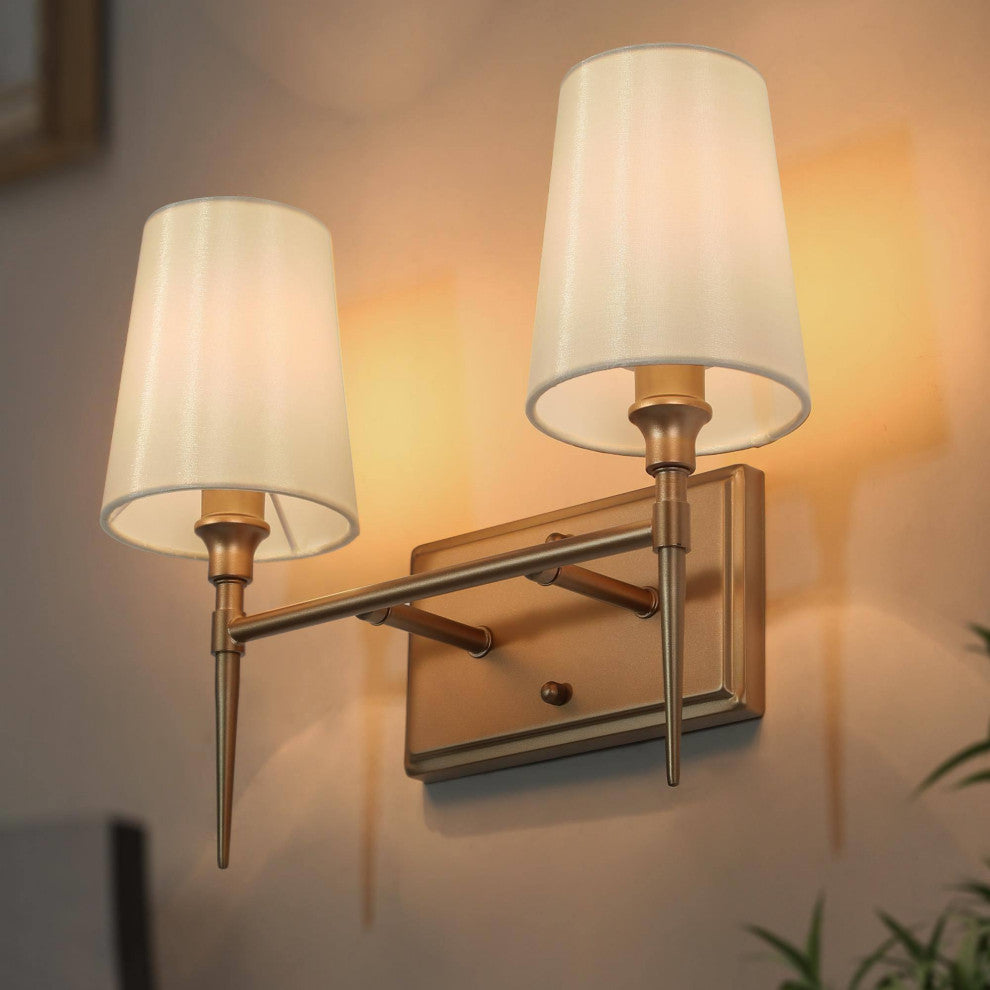 LALUZ Matte Gold with Fabric Shade Modern Bathroom Vanity Light, 2-Light