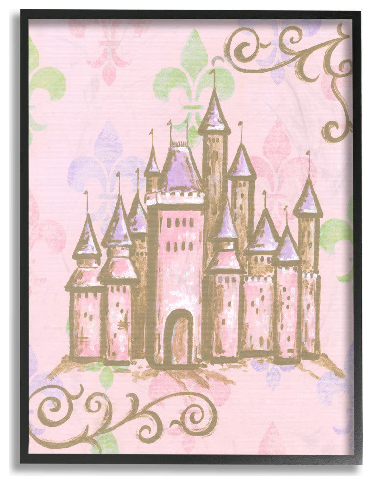 Stupell Industries Castle With Fleur de Lis on Pink Background, 24"x30", Black