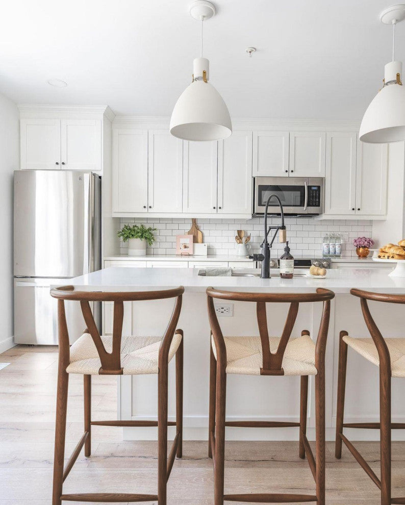 Set of 2 Wishbone Wood Elbow Barstool with Y Back, Woven Beige Seat, Espresso