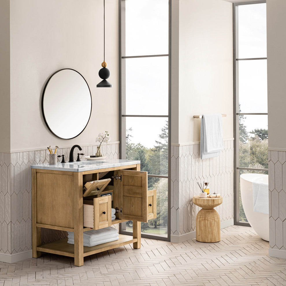 James Martin Breckenridge Bath Vanity, Light Natural Oak, 36", Carrara Marble, Three-Hole