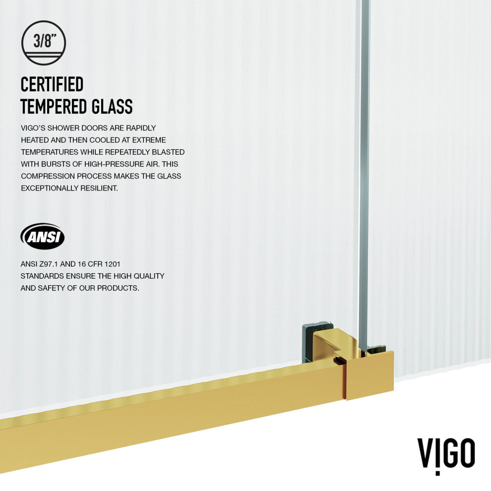 VIGO Elan E-Class 56" to 60" W x 76" H Frameless Sliding Shower Door, Matte Brushed Gold, Fluted Glass, Right