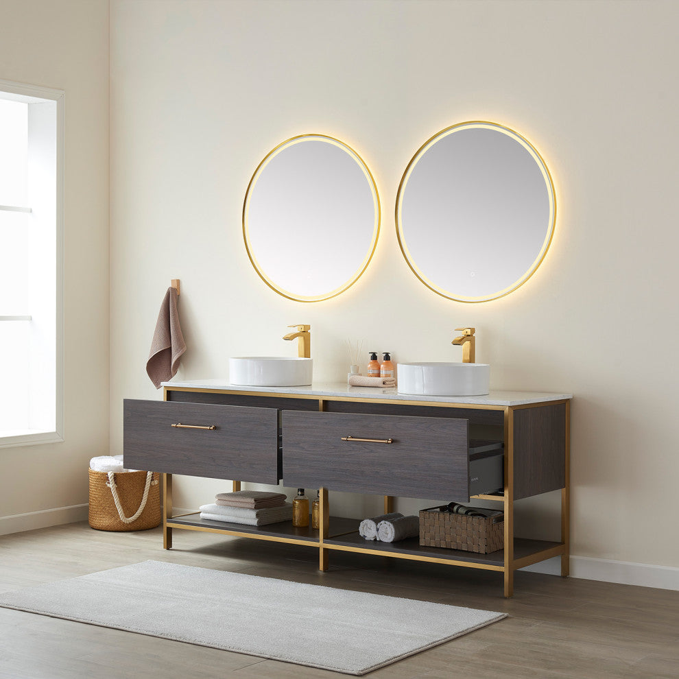 Murcia Vanity With White Stone Countertop, Suleiman Oak, 72", With Mirror