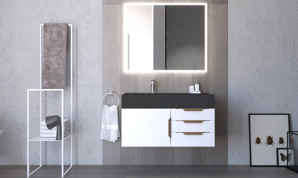 CastelloUSA Amazon 36" Wall Mount Vanity Set, White, Black Top, Gold Handles