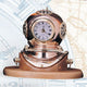 Polished Brass Quartz Dive Helmet Clock With Lacquer Coating and Oak Base