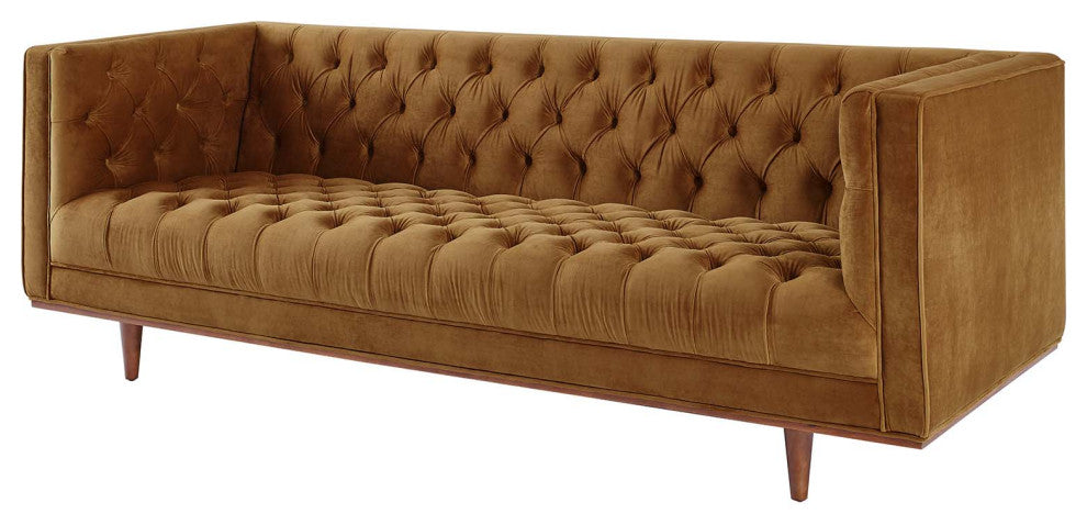 Tufted Sofa, Velvet, Brown, Modern, Living Lounge Room Hotel Lobby Hospitality