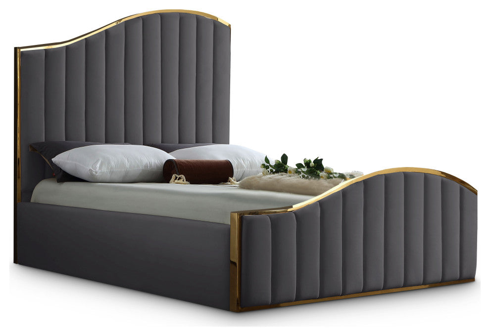Jolie Black Velvet King Bed, Gray, Queen