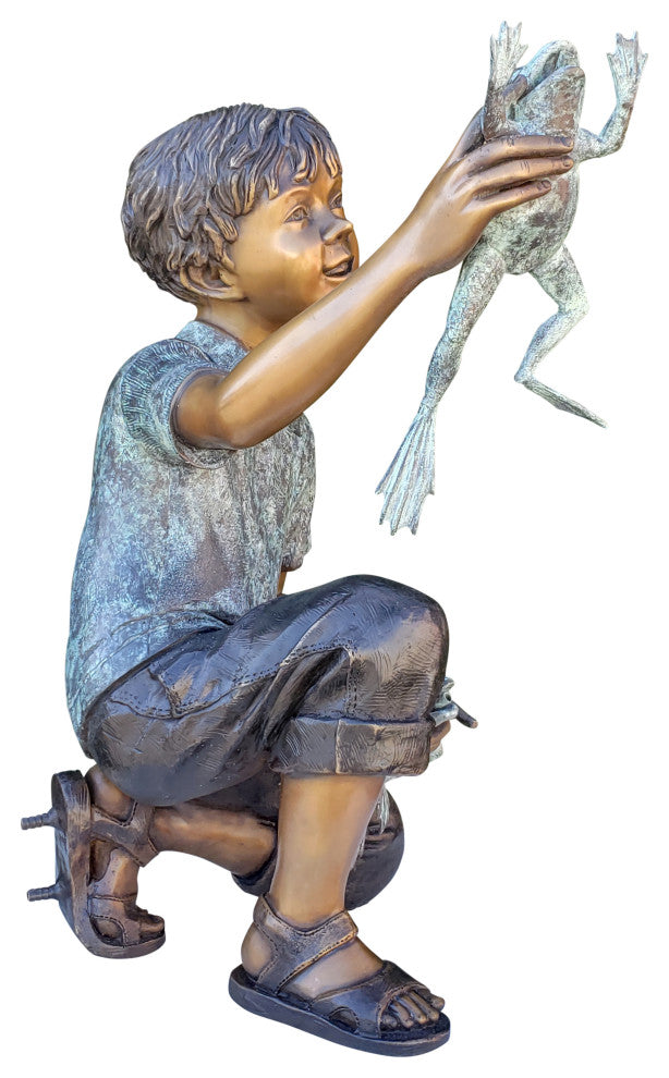 A Little Boy Playing with Two Frogs Bronze Statue Fountain  18" x 16" x 25"H