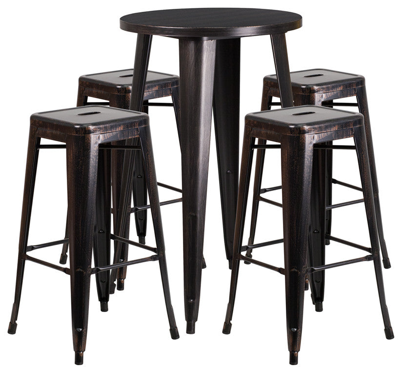 24" Round Black-Antique Gold Metal Bar 5-Piece Table Set With 4 Backless Stools