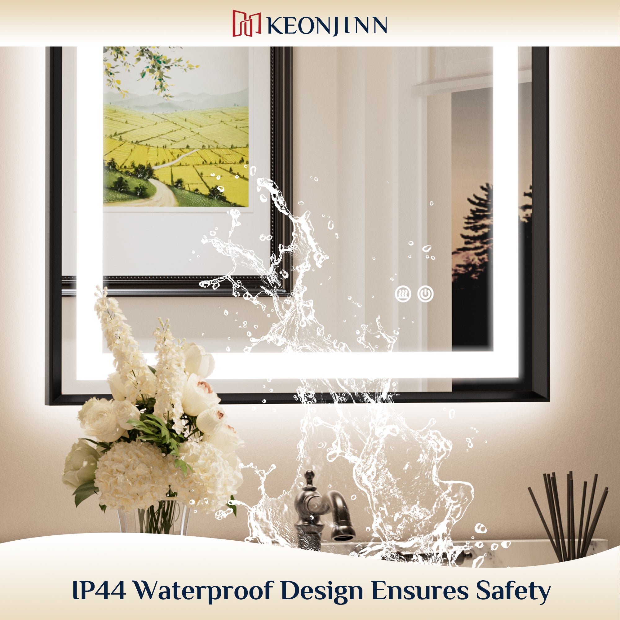 LED Vanity Mirror With Lights Metal Framed Front & Backlit, Dimmable, Black, 55x36