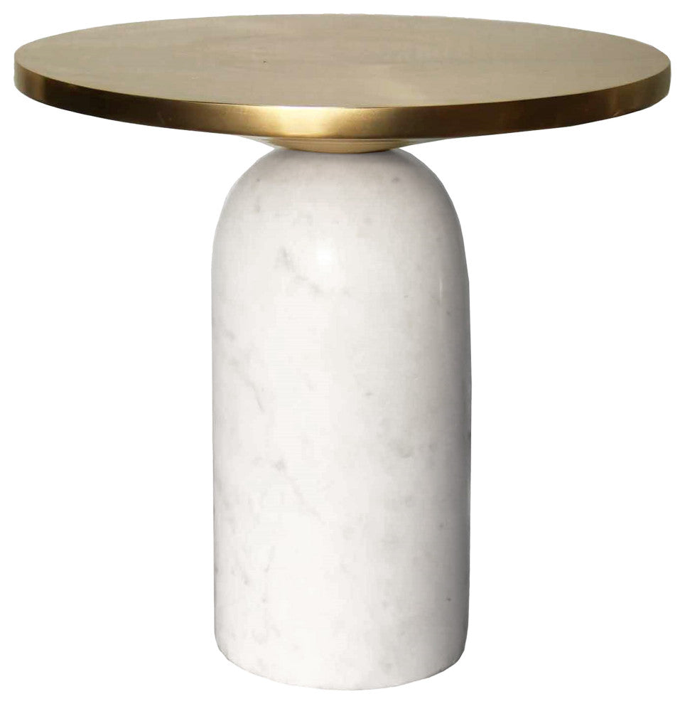 Benzara UPT-272904 Accent End Table With Cylindrical Marble Base, Brass, White