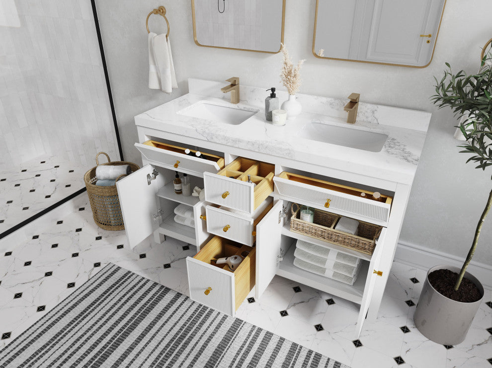 Sonoma 60 Double Sink Reeded Bathroom Vanity in White 2" Empira White