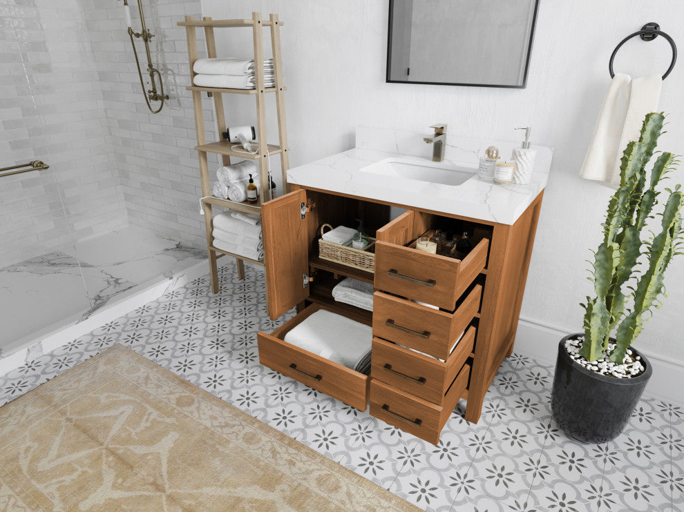 Malibu Teak 36 Center Sink Bath Vanity in Golden Teak  2" Calacatta Laza