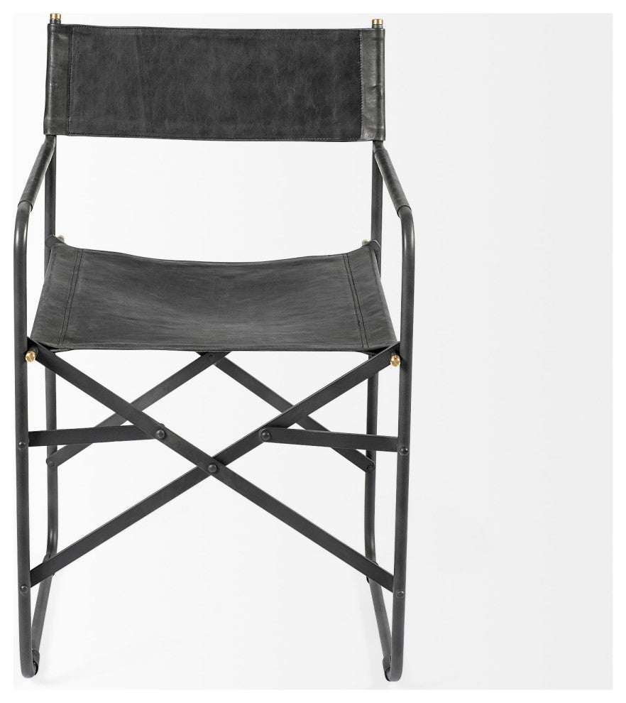 Direttore Black Genuine Leather With Black Metal Folding Frame Dining Chair