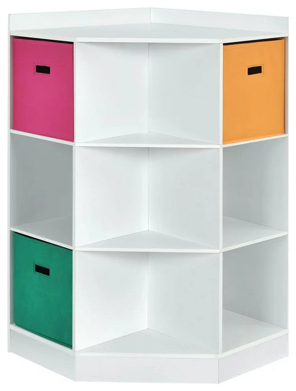 Corner Bookcase, Triangle Center Shelves & 6 Open Cubbies With 3 Baskets, White