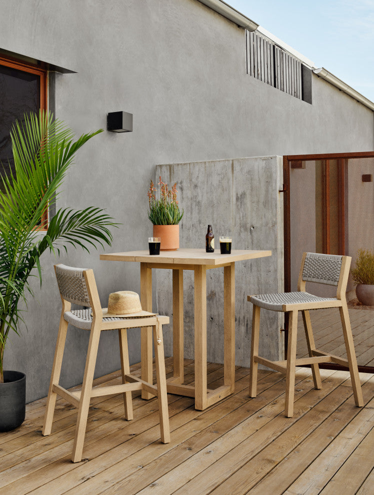 Delano Outdoor Stool Washed Brown, Fsc, Thick Grey Rope, Counter