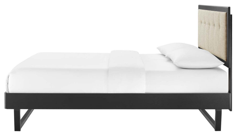 Platform Bed Frame, Queen Size, Fabric, Wood, Black Beige, Modern Mid-Century