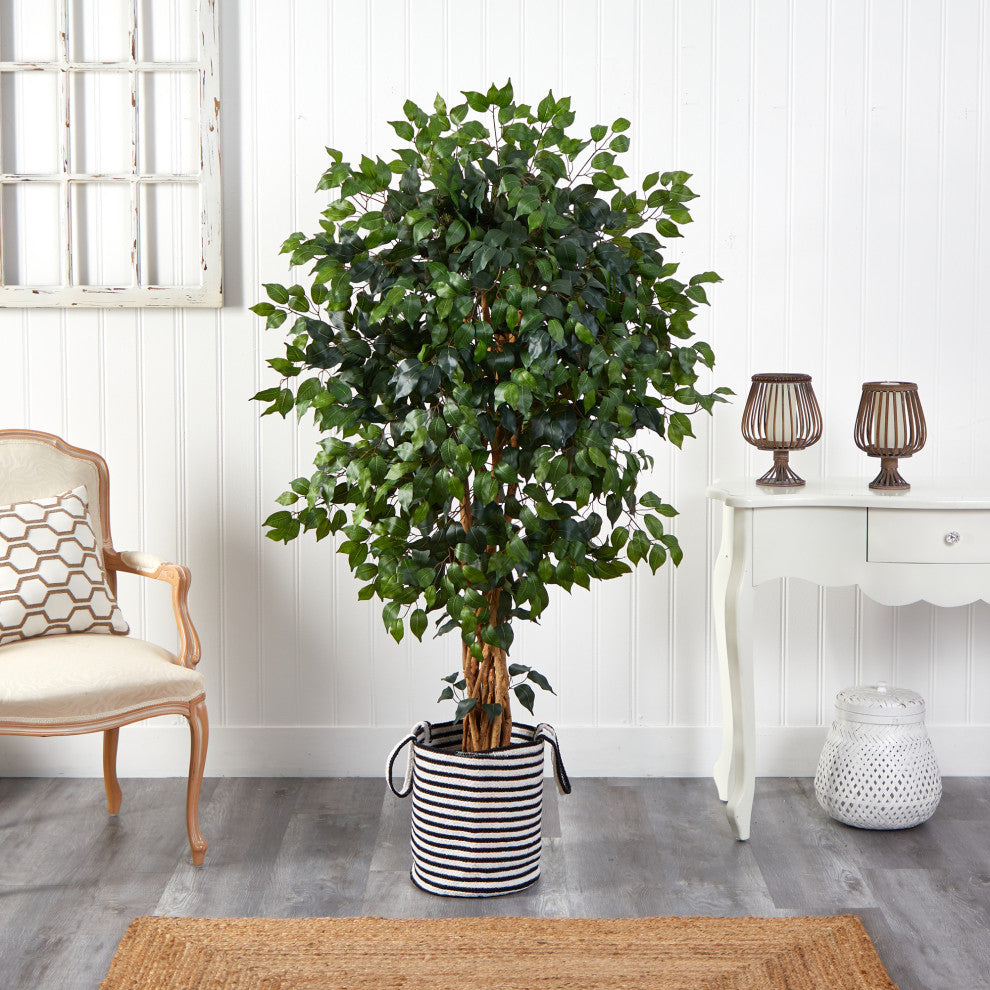 5.5' Palace Ficus Artificial Tree in Handmade Black & White Jute Cotton Planter