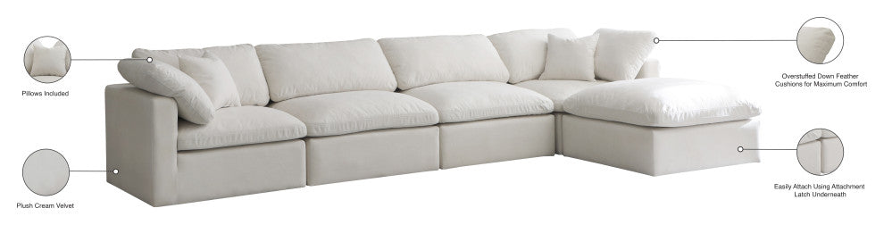 Plush Velvet / Down Standard Comfort L-Shaped Modular Sectional, Cream, 5-Piece: 2 Armless Chair, 2 Corner Chair, 1 Ottoman