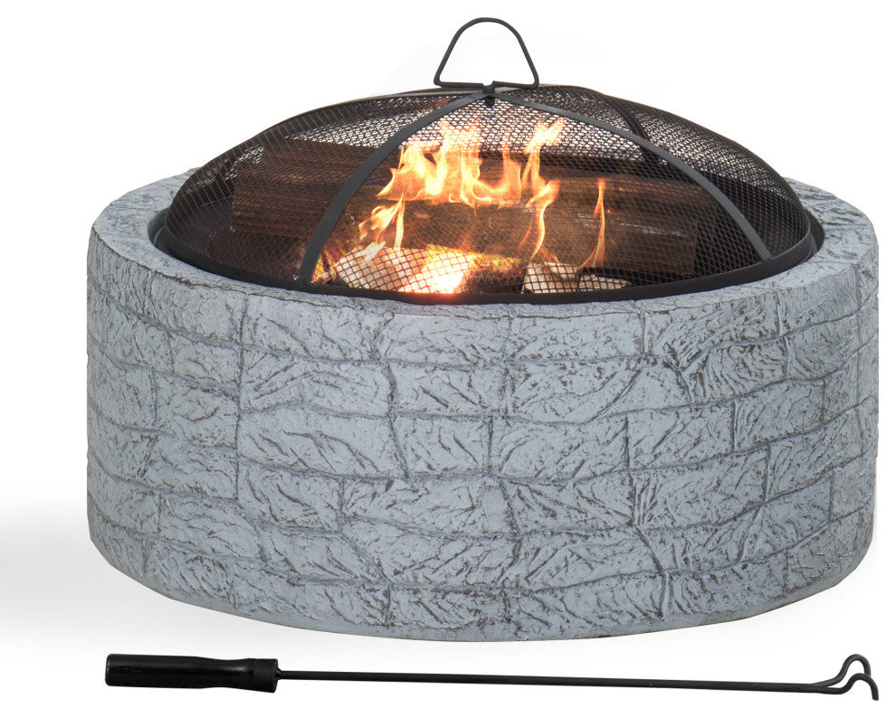 Sunjoy Stone 26" Round Wood Burning Firepit for Outside, Stone Gray