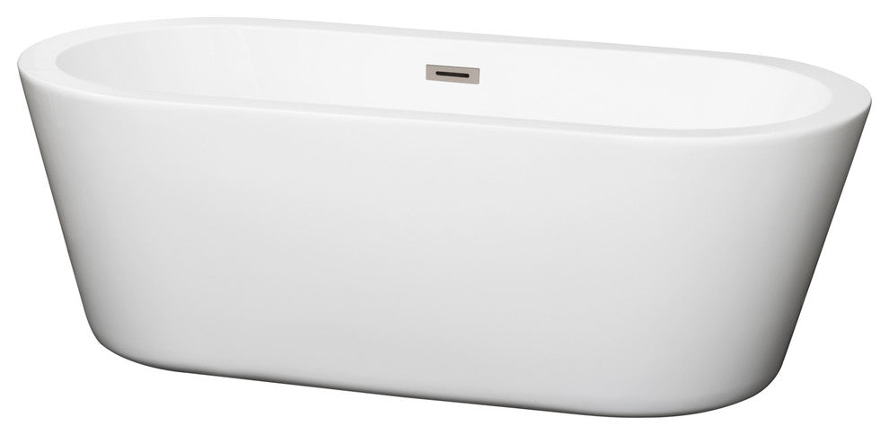 Mermaid 67" Freestanding White Bathtub, Brushed Nickel Drain and Overflow Trim
