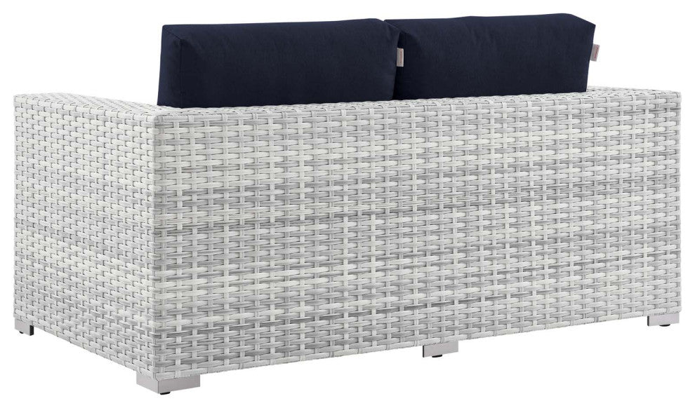 Lounge Loveseat Sofa, Rattan, Wicker, Gray Blue Navy, Modern, Outdoor Patio