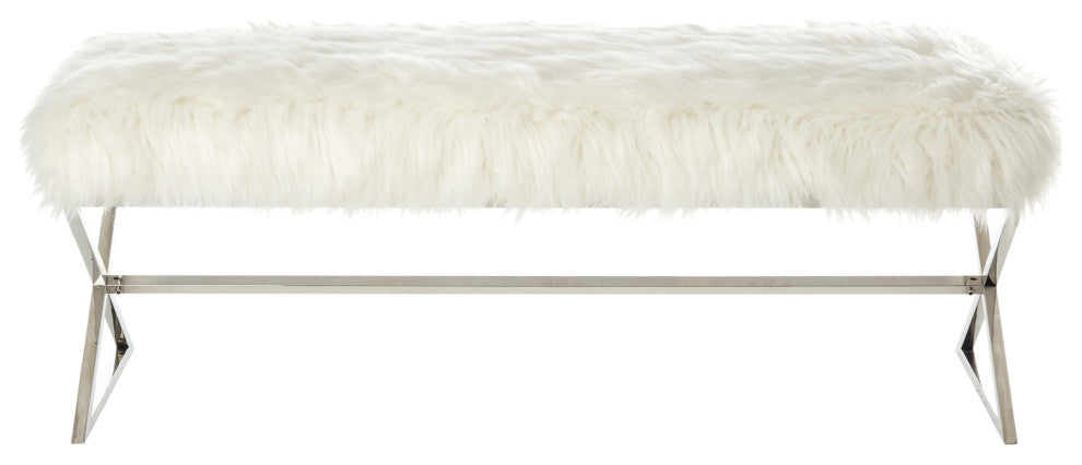 Oria Faux Fur X-Leg Base Bench, White and Chrome
