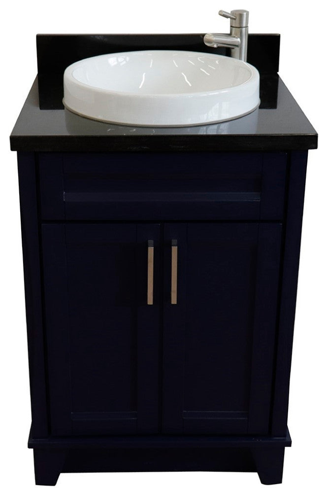 25" Single Sink Vanity, Blue Finish With Black Galaxy Granite And Round Sink