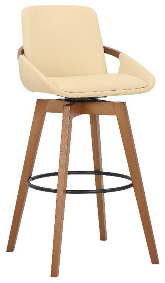 Armen Living Baylor 30" Modern Faux Leather Swivel Bar Stool in Cream/Walnut